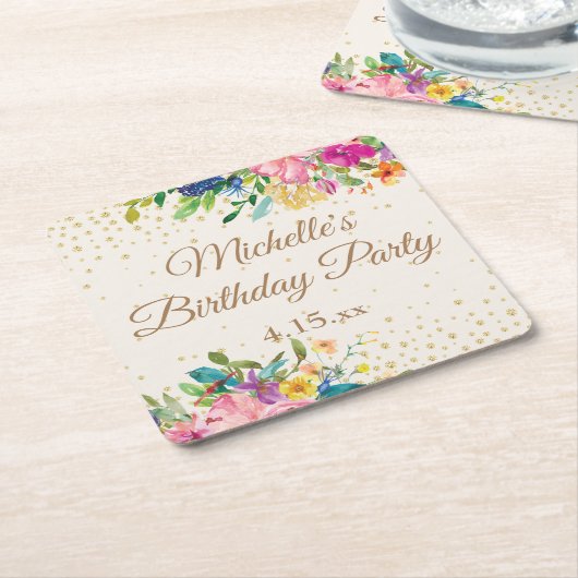ピンクイエローブルーフローラ金ゴールドグリッター名日付 スクエアペーパーコースター (アングル)
