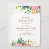 ピンクイエローブルーフローラ金ゴールドグリッター園区 招待状 (正面)