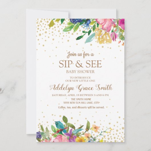 ピンクイエローブルーフローラ金ゴールドグリッター園区 招待状 (正面)