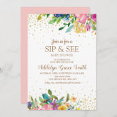 ピンクイエローブルーフローラ金ゴールドグリッター園区 招待状 (正面/裏面)