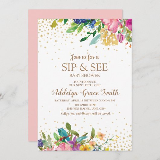 ピンクイエローブルーフローラ金ゴールドグリッター園区 招待状 (正面/裏面)