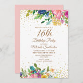 ピンクイエローブルーフローラ金ゴールドグリッター16誕生日 招待状 (正面/裏面)