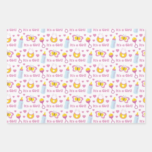 ピンクイエローホワイトかわいいベビーガールアイテム ラッピングペーパーシート (正面)