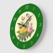 ピンクイエローボタニカルバラとナンバーズクロック ラージ壁時計 (傾斜)
