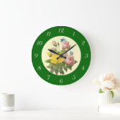 ピンクイエローボタニカルバラとナンバーズクロック ラージ壁時計 (ホーム)