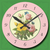 ピンクイエローボタニカルバラウォールクロック付き番号 ラウンド壁時計