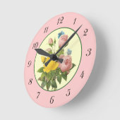 ピンクイエローボタニカルバラウォールクロック付き番号 ラウンド壁時計 (傾斜)