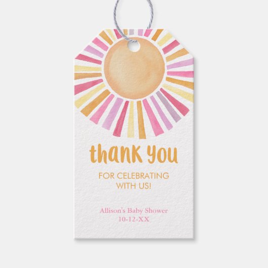 ピンクイエローボホサンシャインサンシャインガールベビーシャワー ギフトタグ (正面)