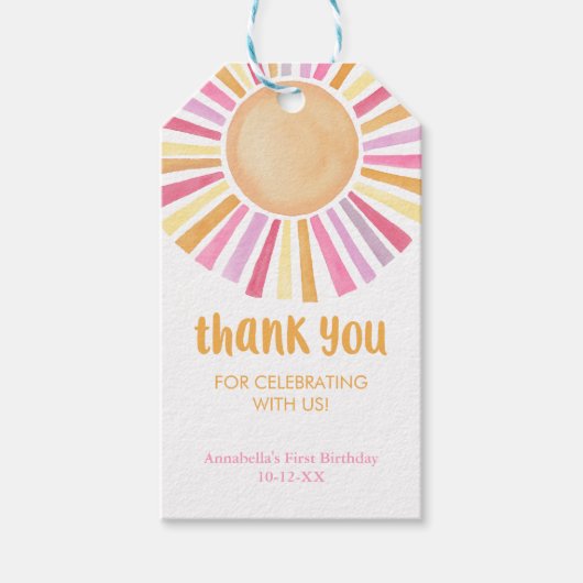 ピンクイエローボーホサンシャインサンバースデーパーティー ギフトタグ (正面)