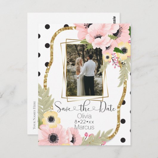 ピンクイエローポピー日付を保存フローラ写真 ポストカード (正面/裏面)