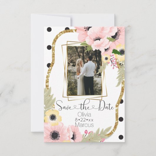 ピンクイエローポピー日付を保存フローラ写真 招待状 (正面)