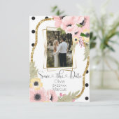 ピンクイエローポピー日付を保存フローラ写真 招待状 (スタンド正面)