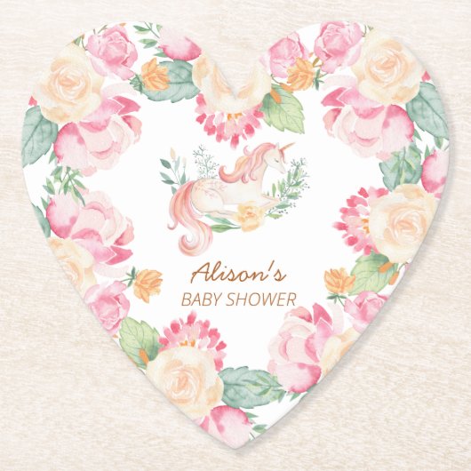 ピンクイエローユニコーンフローラベビーシャワーハート ペーパーコースター (正面)