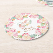 ピンクイエローユニコーンフローラベビーシャワー ラウンドペーパーコースター (アングル)