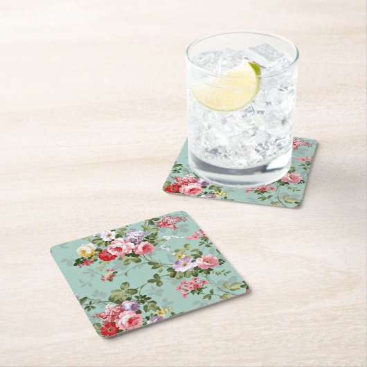 ピンクイエローレッドローズヴィンテージスタイル スクエアペーパーコースター (インサイチュ)