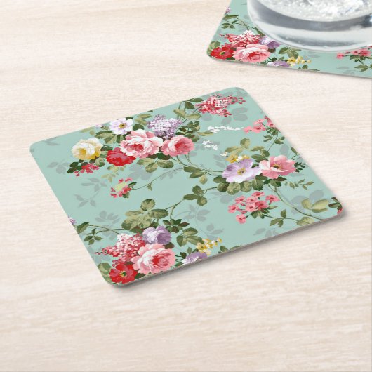 ピンクイエローレッドローズヴィンテージスタイル スクエアペーパーコースター (アングル)