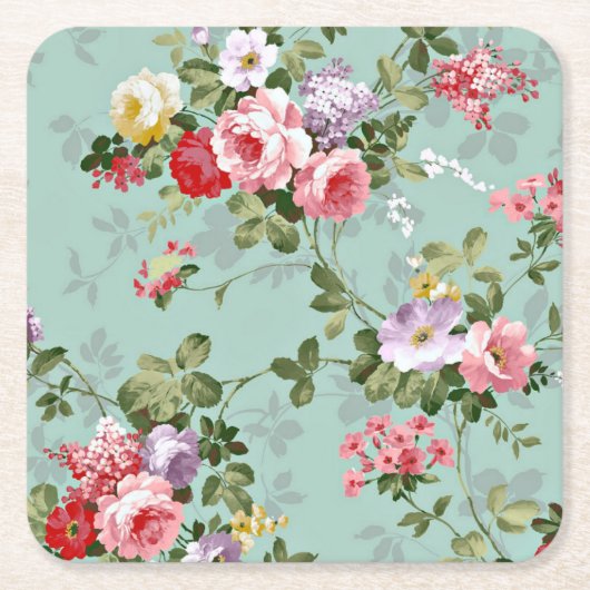 ピンクイエローレッドローズヴィンテージスタイル スクエアペーパーコースター (正面)
