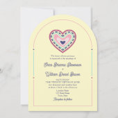 ピンクイエローレトロ結婚式招待状とQRコード 招待状 (正面)