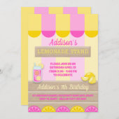 ピンクイエローレモネードスタンドサマーバースデーパーティー 招待状 (正面/裏面)