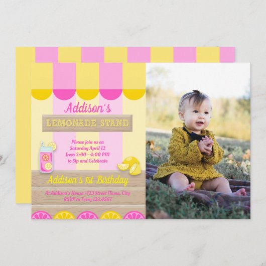 ピンクイエローレモネードスタンドファースト誕生日写真 招待状 (正面/裏面)