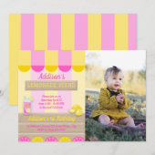 ピンクイエローレモンエードスタンド ファーストバースデー フォト 招待状 (正面/裏面)