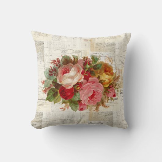 ピンクイエローローズヴィンテージフランスの文字装飾用クッション クッション (正面)