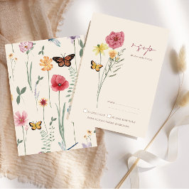 ピンクイエローワイルドフラワーお洒落ウェディングRSVP 出欠カード