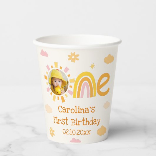 ピンクイエローワンサン誕生日ガールパーティー写真 紙コップ (正面)