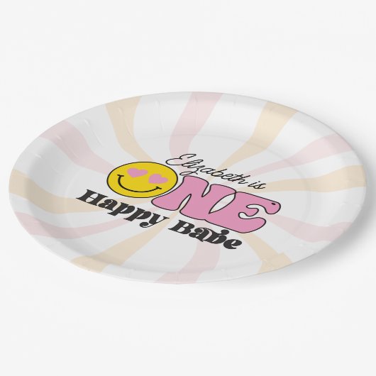 ピンクイエローワンハッピーベファースト誕生日 ペーパープレート (アングル)