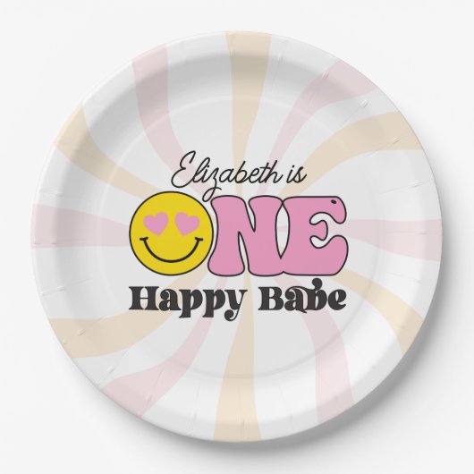 ピンクイエローワンハッピーベファースト誕生日 ペーパープレート (正面)