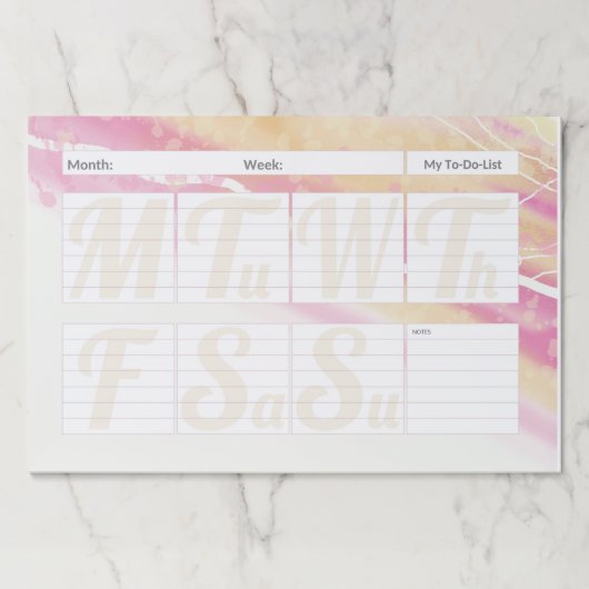 ピンクイエロー抽象芸術週間プランナーカレンダー ペーパーパッド (正面)