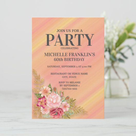 ピンクイエロー春ガーデンフローラ60誕生日 招待状 (スタンド正面)