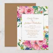 ピンクイエロー花柄ゴールドグリッター結婚式 招待状 (正面/裏面)