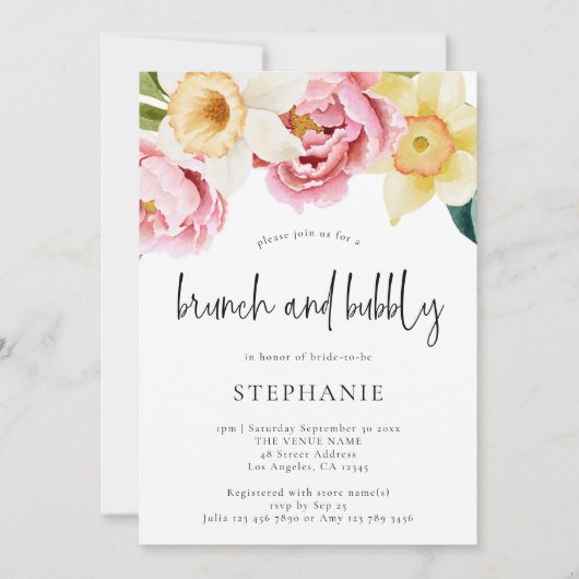 ピンクイエロー花模様ズブランチバブリーブライダルシャワー 招待状 (正面)