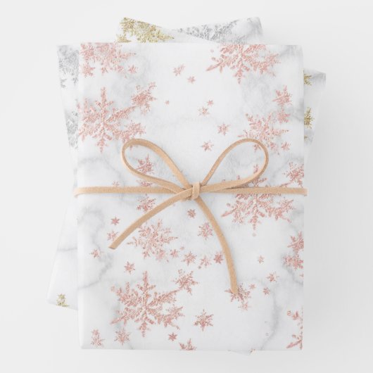 ピンクイエロー金ゴールドシルバー雪片ホワイトマーブル ラッピングペーパーシート (インサイチュ)