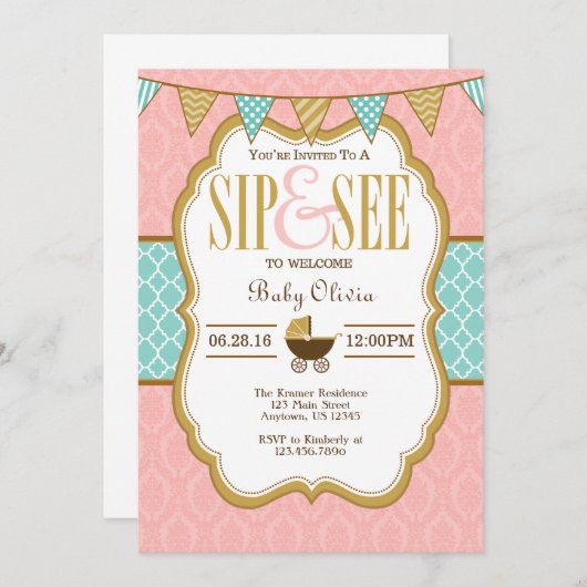 ピンクイエロー金ゴールドSipとsee招待状 招待状 (正面/裏面)