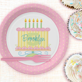 ピンクイエロー5お誕生日ケーキ名 ペーパープレート