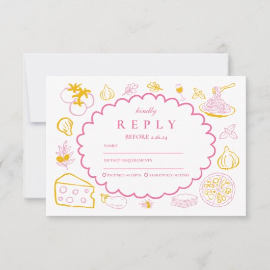 ピンクイタリアンの食べ結婚物のスケッチ 出欠カード (正面)