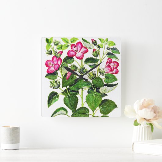 ピンクイタリアンハイビスカスフラワー、ヴィンテージプリント スクエア壁時計 (ホーム)