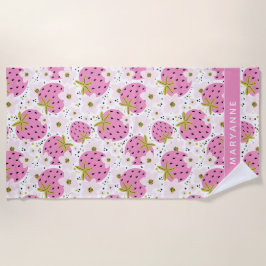 ピンクイチゴ名前をカスタムする ビーチタオル