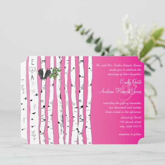 ピンクイニシャルの樺の木ツリー結婚式招待状 招待状 (スタンド正面)