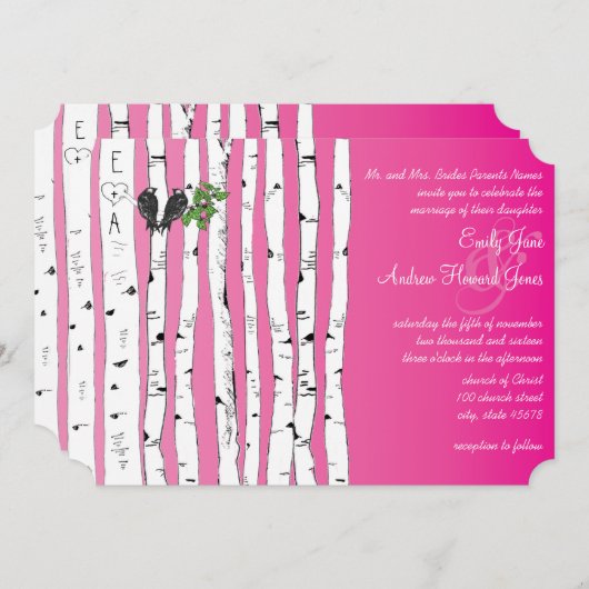 ピンクイニシャルの樺の木ツリー結婚式招待状 招待状 (正面/裏面)