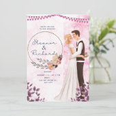 ピンクイラストの花嫁と花婿のウェディング 招待状 (スタンド正面)