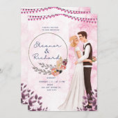 ピンクイラストの花嫁と花婿のウェディング 招待状 (正面/裏面)