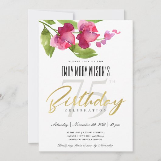 ピンクインク洗浄水色フローラ任意の年齢誕生日 招待状 (正面)