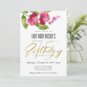 ピンクインク洗浄水色フローラ任意の年齢誕生日 招待状 (スタンド正面)