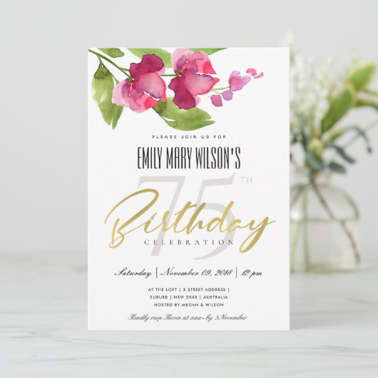 ピンクインク洗浄水色フローラ任意の年齢誕生日 招待状 (スタンド正面)