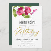ピンクインク洗浄水色フローラ任意の年齢誕生日 招待状 (正面/裏面)