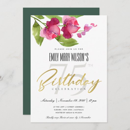 ピンクインク洗浄水色フローラ任意の年齢誕生日 招待状 (正面/裏面)