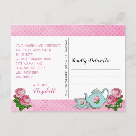 ピンクイングリッシュコテージスタイルブライダルシャワーありがとう ポストカード (裏面)